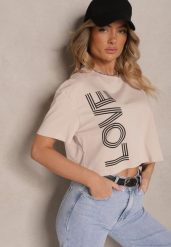 Ciemnobeżowy T-shirt z Bawełny o Krótkim Kroju Ozdobiony Napisem Sannovia. Brązowe t-shirty Renee, m, bez wzorów, z bawełny, klasyczne, bez kołnierzyka, bez ramiączek. W wyprzedaży za 35.99 zł.