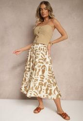 Beżowe Szerokie Spodnie Culottes z Gumką Zdobione Geometrycznym Printem Sartebia. Brązowe jeansy Renee, l, z aplikacjami, z jeansu, eleganckie. W wyprzedaży za 32.99 zł.