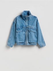 Jeansowa kurtka ze stójką - niebieski. Niebieskie kurtki Reserved, l, bez wzorów, z denimu, bez kaptura. Za 199.99 zł.