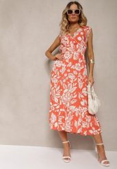 Pomarańczowa Wiskozowa Kwiatowa Sukienka Wykończona Gumką w Pasie o Rozkloszowanym Kroju Keranea. Brązowe sukienki Renee, na imprezę, l, bez wzorów, z wiskozy, eleganckie, bez kołnierzyka, bez ramiączek, midi, dopasowane. W wyprzedaży za 55.99 zł.
