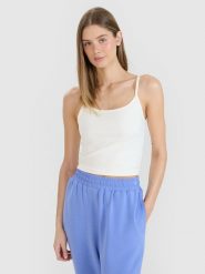 4F Crop-top slim damski - biały S. Białe topy 4f, s, bez wzorów, z dzianiny, sportowe, bez kołnierzyka, bez ramiączek. Za 29.99 zł.