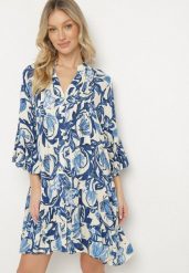 Niebieska Sukienka o Rozkloszowanym Kroju z Falbanami w Kwiatowy Wzór Ridivanna. Niebieskie sukienki Born2be, na co dzień, l, bez wzorów, eleganckie, bez kołnierzyka, bez ramiączek, midi, rozkloszowane. Za 159.99 zł.