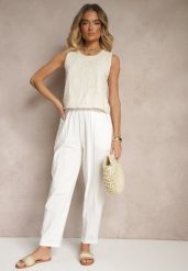 Białe Spodnie z Bawełny High Waist Sonirea. Białe jeansy Renee, bez wzorów, z bawełny, z podwyższonym stanem. W wyprzedaży za 43.99 zł.