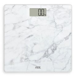 Waga łazienkowa, do 180 kg, 30 x 30 cm, marmurowy wzór, biała. Białe wagi łazienkowe ADE. W wyprzedaży za 114.90 zł.