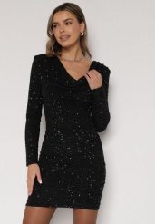 Czarna Dopasowana Sukienka Wieczorowa z Lejącym Dekoltem i Cekinami Siwedea. Czarne sukienki Born2be, na imprezę, l, z aplikacjami, z poliesteru, eleganckie, bez kołnierzyka, bez ramiączek, dopasowane. Za 189.99 zł.