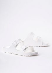 Birkenstock Arizona Essentials Klapki damskie białe. Białe klapki Birkenstock, bez wzorów, młodzieżowe, bez obcasa, bez zapięcia. Za 229.99 zł.