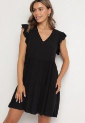 Czarna Rozkloszowana Sukienka z Bawełny Ozdobiona Falbankami Natiriane. Czarne sukienki Born2be, na co dzień, l, bez wzorów, z bawełny, eleganckie, bez kołnierzyka, bez ramiączek, mini, rozkloszowane. W wyprzedaży za 38.24 zł.