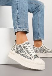 Beżowo-Czarne Trampki na Grubej Podeszwie z Abstrakcyjnym Zdobieniem Sulinea. Brązowe trampki Born2be, z aplikacjami, z jeansu, eleganckie, bez zapięcia. W wyprzedaży za 84.99 zł.