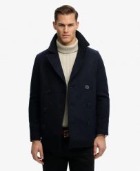 Superdry The Merchant Store - Płaszcz Pea Coat z mieszanki wełny. Niebieskie płaszcze Superdry, l, bez wzorów, z materiału, eleganckie, bez kaptura. Za 860.55 zł.