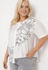 Biała Bawełniana Bluzka T-shirt z Krótkim Rękawem z Nadrukiem i Guzikami Fiomara. Białe bluzki Born2be, l, bez wzorów, z bawełny, biznesowe, bez kołnierzyka, bez ramiączek. Za 69.99 zł.
