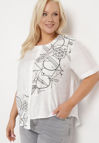 Biała Bawełniana Bluzka T-shirt z Krótkim Rękawem z Nadrukiem i Guzikami Fiomara. Białe bluzki Born2be, l, bez wzorów, z bawełny, biznesowe, bez kołnierzyka, bez ramiączek. Za 59.99 zł.