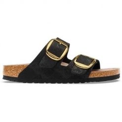 Klapki damskie Birkenstock Arizona. Czarne klapki Birkenstock, bez wzorów, z materiału, bez obcasa, bez zapięcia. Za 772.00 zł.