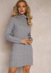 Ciemnoszara Mini Sukienka ze Sweterkowej Dzianiny z Szerokim Golfem i Ściągaczami Jilenma. Szare sukienki Renee, m, bez wzorów, z dzianiny, bez kołnierzyka, bez ramiączek, mini. W wyprzedaży za 95.99 zł.