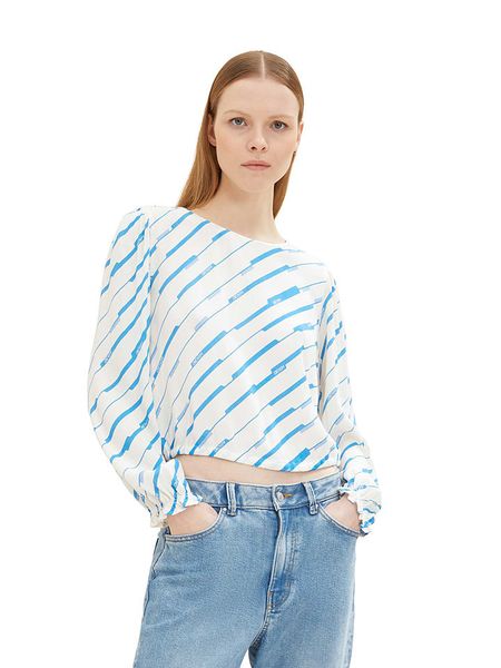 Tom Tailor Bluzka w kolorze biało-błękitnym rozmiar: M. Niebieskie bluzki Tom Tailor, m, bez wzorów, z wiskozy, bez kołnierzyka, bez ramiączek. Za 43.68 zł.