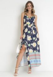 Granatowo-Żółta Sukienka Maxi na Cienkich Ramiączkach i Materiałowym Paskiem Adakila. Niebieskie sukienki Born2be, l, bez wzorów, z materiału, eleganckie, bez kołnierzyka, bez ramiączek, maxi. Za 99.99 zł.