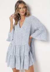Jasnoniebieska Sukienka Rozkloszowana z Falbankami Chrisley. Niebieskie sukienki Born2be, na imprezę, l, z aplikacjami, bez kołnierzyka, bez ramiączek, mini, rozkloszowane. W wyprzedaży za 55.24 zł.
