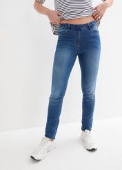 Jegginsy mid waist z wygodnym paskiem w talii. Niebieskie jeansy bonprix, bez wzorów, z jeansu. Za 79.99 zł.