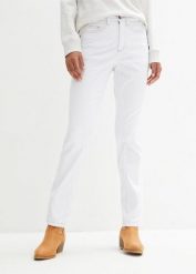 Jeansy ze stretchem, mid waist, prosta nogawka. Niebieskie jeansy bonprix, bez wzorów, z elastanu. Za 94.99 zł.