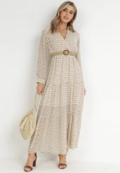 Jasnobeżowa Sukienka Z Paskiem Deinene. Brązowe sukienki Born2be, l, bez wzorów, bez kołnierzyka, bez ramiączek, maxi, kopertowe. Za 69.99 zł.