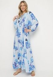 Niebieska Rozkloszowana Sukienka z Wiskozą w Kwiatowy Wzór Ridisandra. Niebieskie sukienki Born2be, na co dzień, l, z aplikacjami, z wiskozy, eleganckie, bez kołnierzyka, bez ramiączek, maxi, rozkloszowane. W wyprzedaży za 127.49 zł.