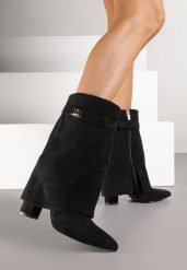 Czarne Botki z Imitacji Zamszu na Słupku z Wywiniętą Cholewką Eleave. Czarne botki Born2be, bez wzorów, z jeansu, bez obcasa, na obcasie, bez zapięcia. Za 159.99 zł.