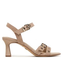 Sandały Tamaris. Brązowe sandały Tamaris, bez wzorów, bez obcasa, na słupku, bez zapięcia. Za 329.99 zł.