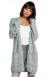 Melanżowy sweter z otwartym przodem i kieszeniami szary. Szare swetry Polskie swetry, na zimę, s, bez wzorów, z dzianiny, biznesowe, bez ramiączek. Za 289.00 zł.