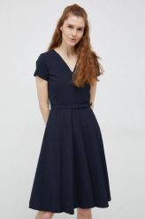 Lauren Ralph Lauren sukienka kolor granatowy midi rozkloszowana. Niebieskie sukienki Lauren Ralph Lauren, bez wzorów, z tkaniny, bez kołnierzyka, bez ramiączek, midi, rozkloszowane. Za 1,079.90 zł.