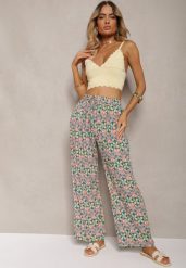 Zielono-Różowe Wiskozowe Spodnie High Waist Szerokie z Gumką w Pasie i Kieszeniami Aizha. Zielone jeansy Renee, l, bez wzorów, z jeansu, z podwyższonym stanem. W wyprzedaży za 32.99 zł.