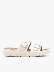 Kremowe klapki z dwoma paskami. Brązowe klapki Ryłko, bez wzorów, ze skóry, eleganckie, z okrągłym noskiem, bez obcasa, na płaskiej podeszwie, bez zapięcia. Za 399.99 zł.