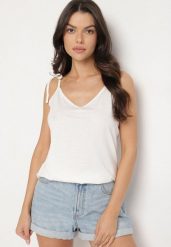 Biały Top z Modalem i Bawełną Ozdobiona Wiązaniem Lilacea. Białe topy Born2be, l, bez wzorów, z bawełny, eleganckie, bez kołnierzyka, bez ramiączek. W wyprzedaży za 33.99 zł.
