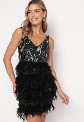 Czarna Sukienka Mini w Pióra i Cekiny Vortega. Czarne sukienki Born2be, s, z aplikacjami, bez kołnierzyka, bez ramiączek, mini. W wyprzedaży za 160.99 zł.