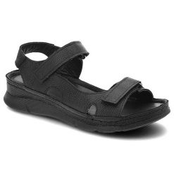 Sandały damskie Kampa, miękka skórzana cholewka regulowane paski na rzep zapewniające dopasowanie, czarne, K192. Czarne sandały KAMPA, bez wzorów, ze skóry, klasyczne, bez obcasa, bez zapięcia. Za 175.00 zł.