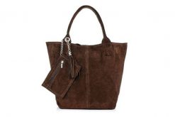 Shopperka ciemnobrązowa skórzana T49. Brązowe torebki klasyczne bez wzorów, ze skóry, duże, bez dodatków. Za 230.99 zł.