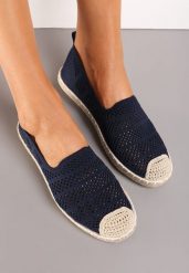 Granatowe Ażurowe Espadryle Ozdobione Plecionką na Podeszwie i Nosku Tarniesa. Niebieskie espadryle Renee, z aplikacjami, bez obcasa, na płaskiej podeszwie. W wyprzedaży za 32.99 zł.