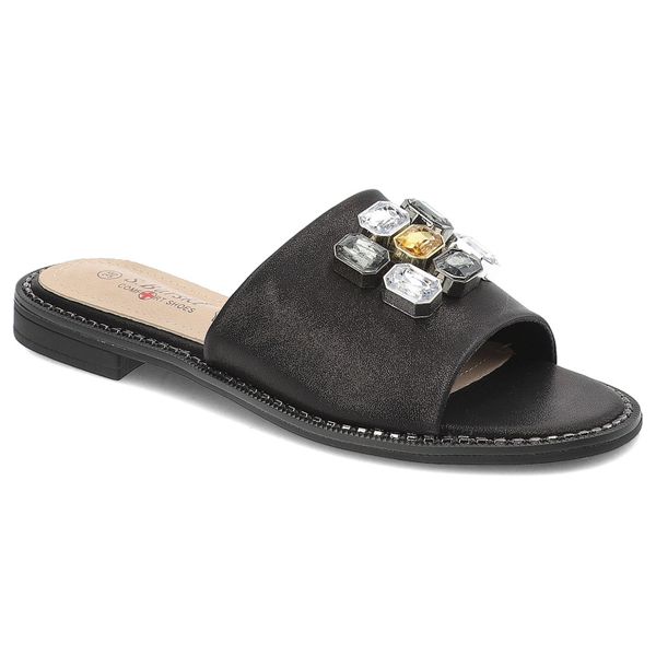 Czarne Klapki S.Barski Modne Obuwie Damskie Z Ozdobami. Czarne klapki S.BARSKI, bez wzorów, bez obcasa, na płaskiej podeszwie, bez zapięcia. Za 109.00 zł.