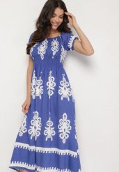 Niebieska Sukienka o Kroju Hiszpanki Zdobiona Orientalnym Wzorem Aravine. Niebieskie sukienki Born2be, na co dzień, l, z aplikacjami, z jeansu, eleganckie, bez kołnierzyka, bez ramiączek, mini. W wyprzedaży za 76.49 zł.