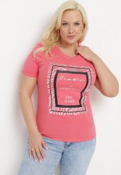Różowy Bawełniany T-shirt Koszulka z Krótkim Rękawem Ozdobiona Nadrukiem i Cyrkoniami Codara. Czerwone t-shirty Born2be, l, bez wzorów, z bawełny, bez kołnierzyka, bez ramiączek. Za 49.99 zł.