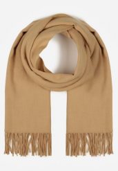 Ciemnobeżowy Gładki Szalik z Frędzlami Vetiela. Brązowe szaliki i kominy Born2be, na zimę, bez wzorów, z jeansu, eleganckie. Za 34.99 zł.