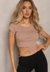 Ciemnobeżowy T-shirt z Bawełny Ozdobiony Wycięciem i Łańcuszkiem Sparkina. Brązowe t-shirty Renee, m, bez wzorów, z bawełny, bez kołnierzyka, bez ramiączek. W wyprzedaży za 43.99 zł.