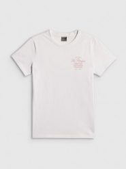 4F T-shirt regular z nadrukiem damski - biały S. Białe t-shirty 4f, s, bez wzorów, z bawełny, klasyczne, bez kołnierzyka, bez ramiączek. Za 59.99 zł.