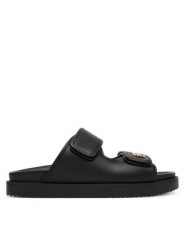 Tommy Hilfiger Klapki Double Strap Leather Sandal FW0FW09121 Czarny. Czarne klapki Tommy Hilfiger, bez wzorów, ze skóry, bez obcasa, bez zapięcia. Za 529.99 zł.