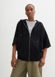 Bluza peleryna rozpinana ze zrównoważonej bawełny. Czarne bluzy z kapturem bonprix, bez wzorów, z bawełny, z kapturem. Za 149.99 zł.