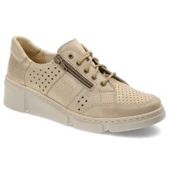 Złote Półbuty Wasak Stylowe Obuwie Damskie. Żółte półbuty wsuwane Wasak, w ażurowe wzory, ze skóry, eleganckie, bez obcasa, na koturnie. Za 229.99 zł.