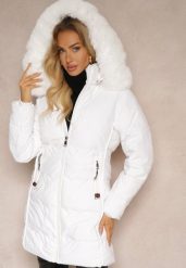 Biała Zimowa Kurtka Pikowana z Kapturem z Futrem i Kieszeniami Salianna. Białe kurtki Renee, na zimę, l, bez wzorów, z futra, eleganckie, z kapturem. W wyprzedaży za 198.74 zł.