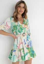 Biała Sukienka z Paskiem Metiera. Białe sukienki Born2be, m, bez wzorów, bez kołnierzyka, bez ramiączek, mini, rozkloszowane. Za 239.99 zł.