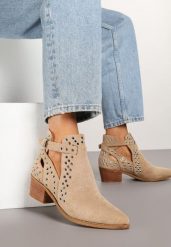 Ciemnobeżowe Botki na Obcasie w Stylu Kowbojek z Wycięciem i Nitami Eleavira. Brązowe botki Born2be, bez wzorów, z jeansu, eleganckie, bez obcasa, na obcasie, bez zapięcia. W wyprzedaży za 127.49 zł.