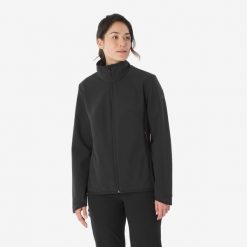 Kurtka turystyczna damska Softshell Forclaz MT100. Czarne kurtki przejściowe sportowe FORCLAZ, m, bez wzorów, z polaru, bez kaptura, trekkingowe. Za 199.99 zł.