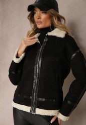 Czarna Kurtka z Ekozamszu o Prostym Kroju z Kołnierzykiem i Futerkiem Ninnova. Czarne kurtki Renee, l, bez wzorów, z futra, eleganckie, bez kaptura. W wyprzedaży za 125.99 zł.