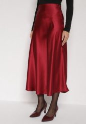 Bordowa Rozkloszowana Midi Spódnica Satynowa Zapinana na Suwak z Gumką w Pasie Williwarne. Czerwone spódnice Born2be, l, bez wzorów, z satyny, midi, rozkloszowane. Za 109.99 zł.